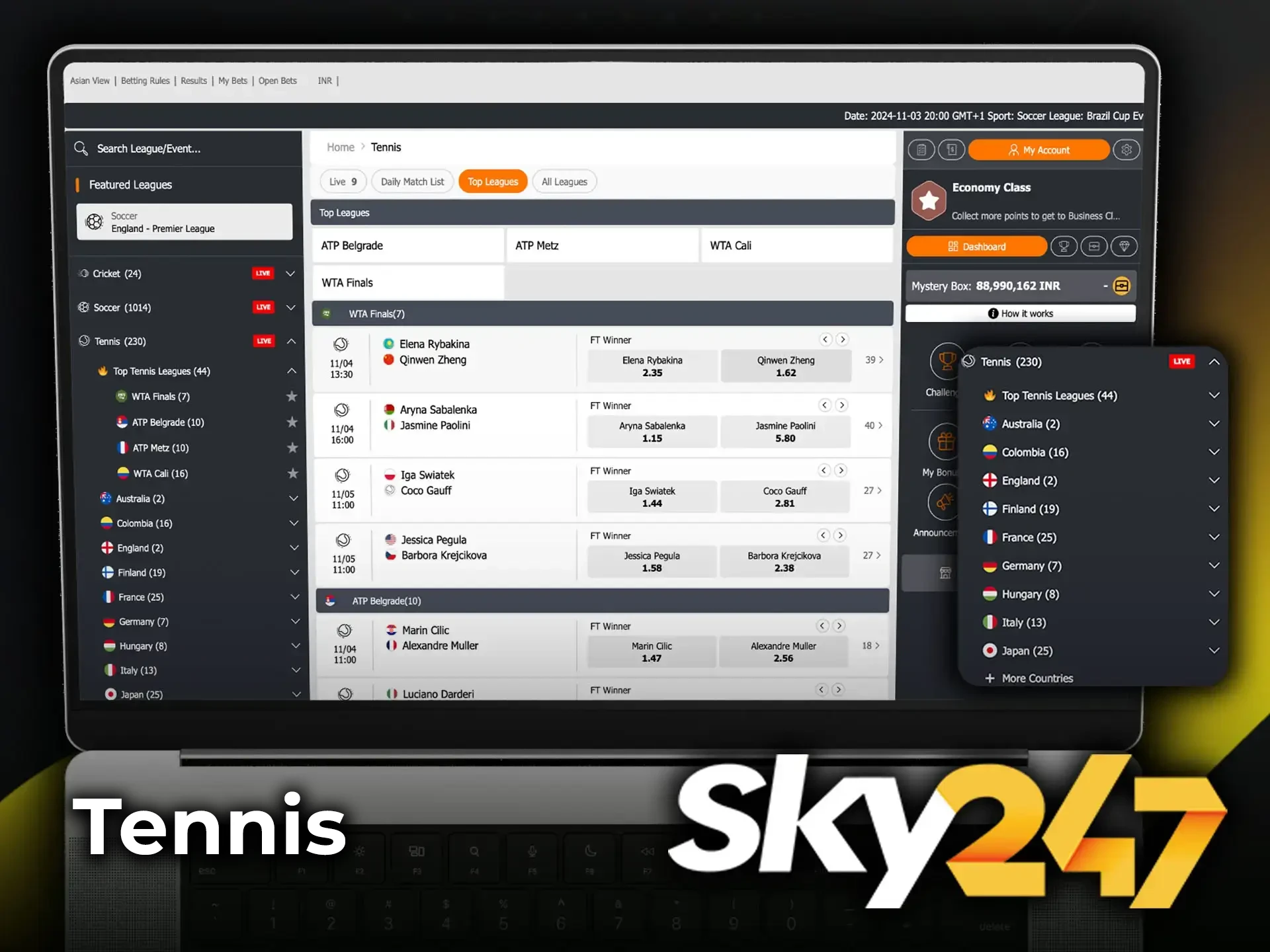 Watch the world's best tennis players play and make your outcomes at Sky247.