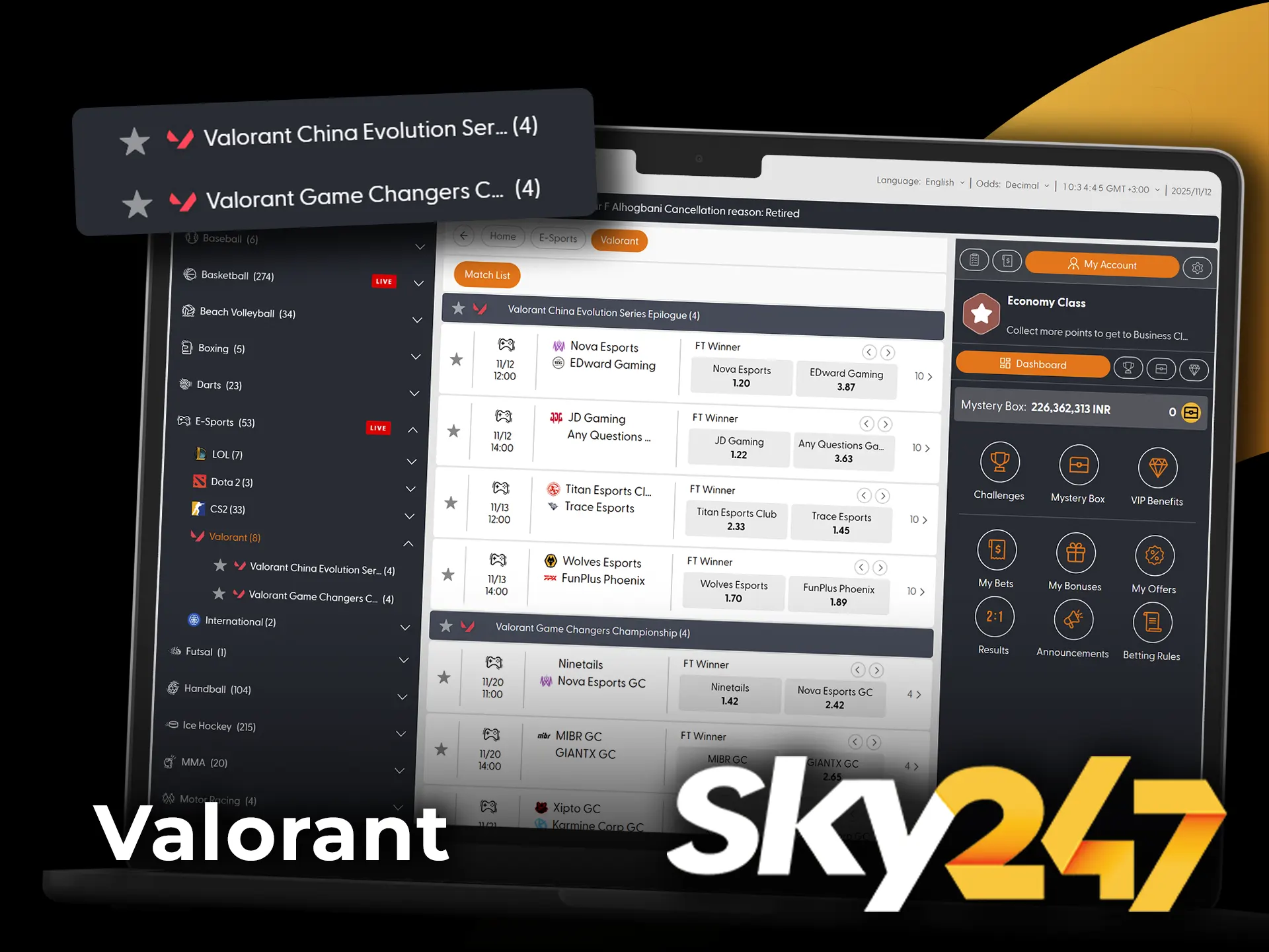 Watch Valorant matches and place bets on Sky247.